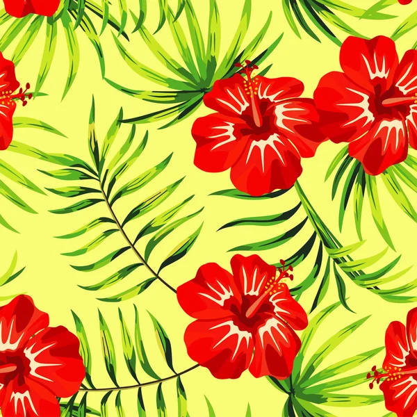 Rode hibiscus gele achtergrond, patroon — Stockvector