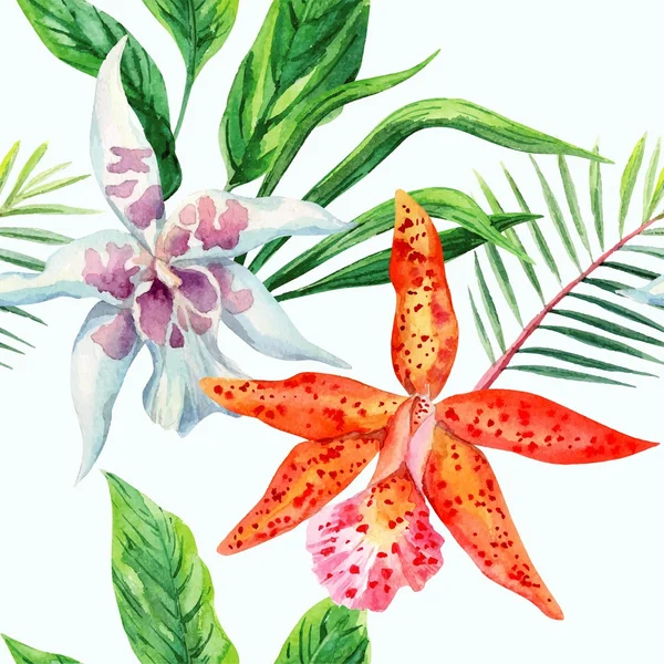 Orange och vit orkidé palm lämnar akvarell mönster — Stock vektor