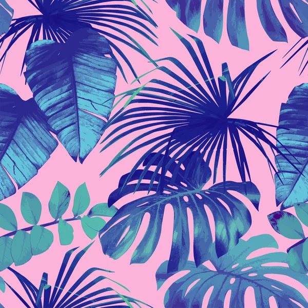 Tropische palm, bananen bladeren in blauwe stijl — Stockvector
