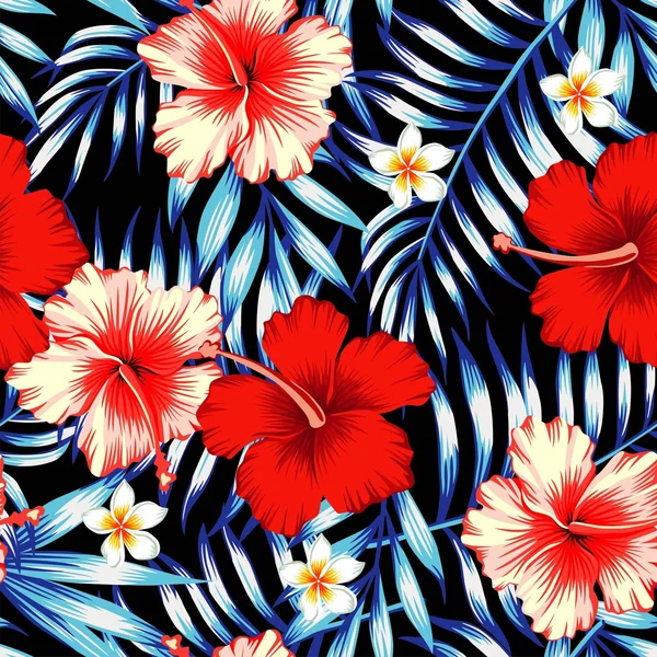 Hibisco rojo y hojas de palma azul sin costura de fondo — Archivo Imágenes Vectoriales