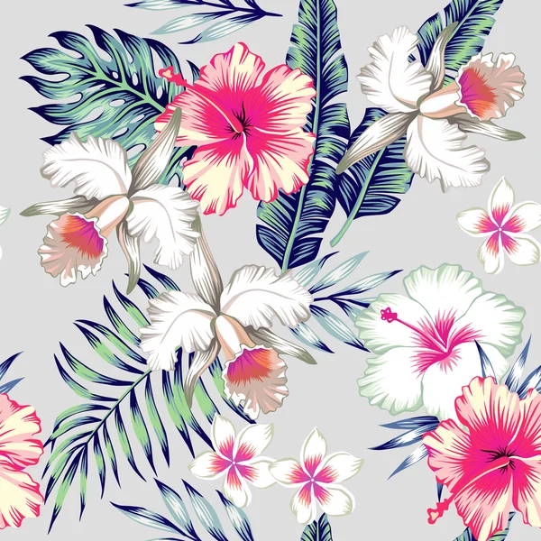 Hibiscus and orchids tropical seamless background — Stock Vector