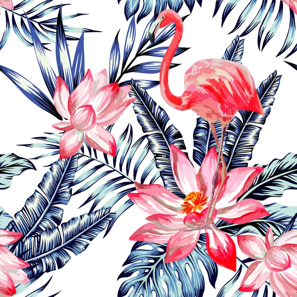 Aquarela rosa flamingo e azul folhas de palma tropical sem costura —  Vetores de Stock