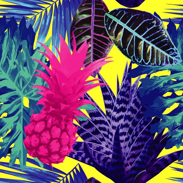 Piña rosa y plantas exóticas azules fondo sin costuras — Vector de stock