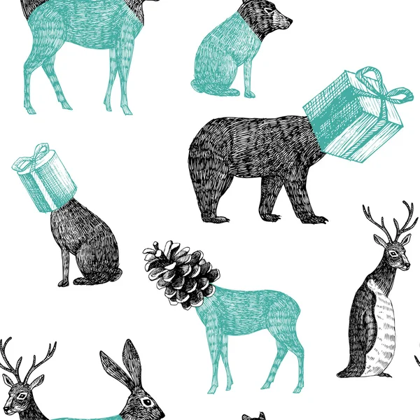 Animaux d'hiver dessinés à la main fond sans couture — Image vectorielle