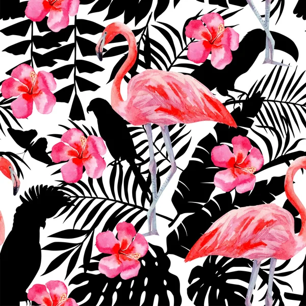 Flamingo and hibiscus watercolor pattern, parrots and tropical plants silhouette background — Stock Vector