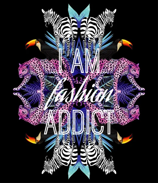 Je suis un slogan addict à la mode. Impression miroir tendance animaux et plantes tropicales — Image vectorielle