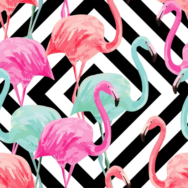 Flamingo padrão de aquarela, fundo geométrico — Vetor de Stock