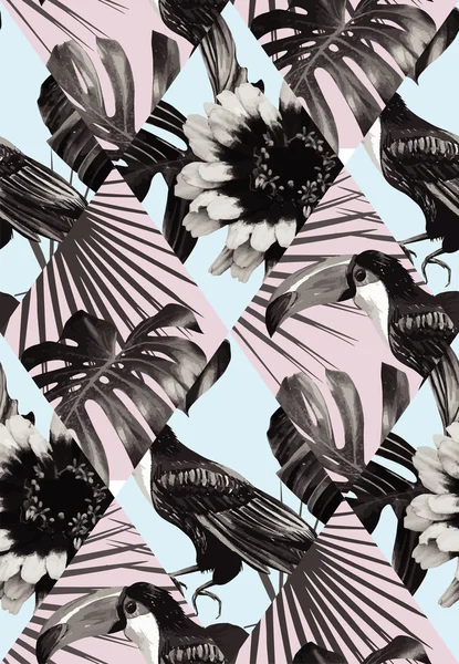 Tropical noir et blanc patchwork fond sans couture — Image vectorielle