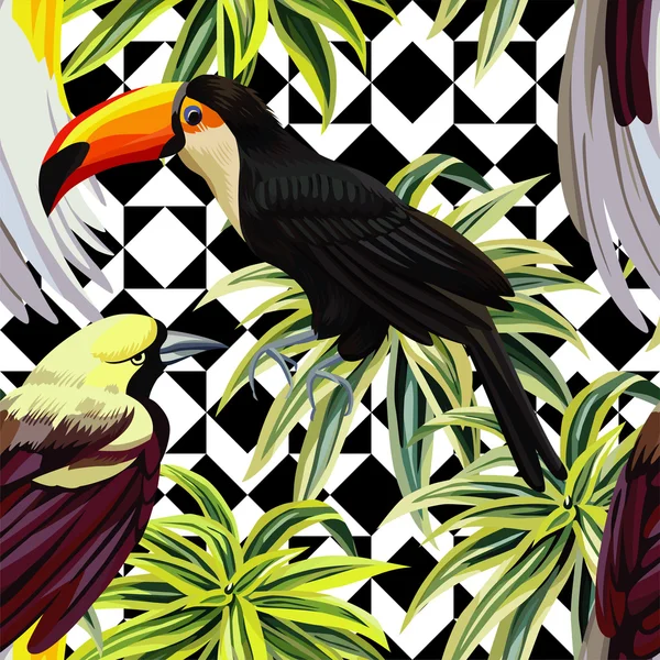 Patrón de aves y plantas tropicales, fondo geométrico — Vector de stock