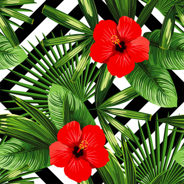 тропические цветы и листья узор, черно-белый геометрический b
