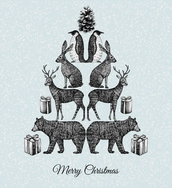 Árbol de Navidad. Impresión de espejo animal dibujado a mano — Archivo Imágenes Vectoriales