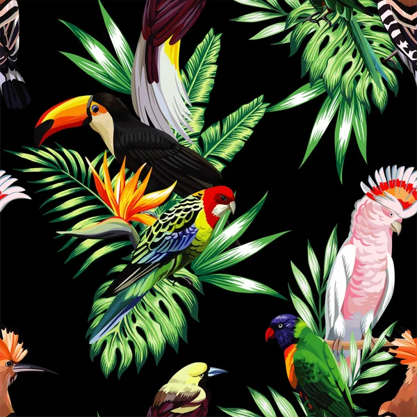 Aves tropicales y hojas de palma fondo negro sin costuras — Vector de stock