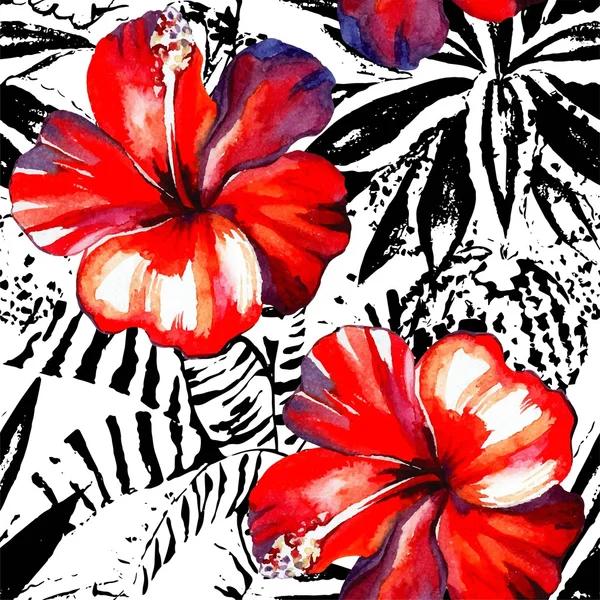 Acuarela de hibisco tropical y plantas exóticas gráficas sin costuras — Vector de stock