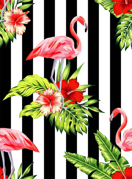 Flamant rose et hibiscus motif tropical, fond rayé — Image vectorielle