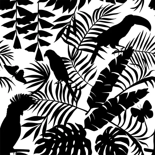 Tropical birds, butterflies and palm leaves silhouette seamless — Stock Vector