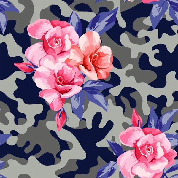 Camo military in blue gray color with pink roses — Stock Vector