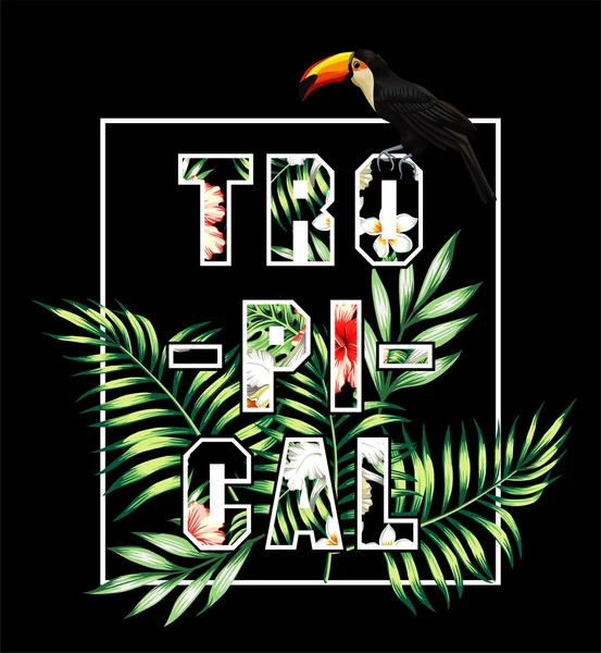 Un slogan tropical. Impression de feuilles de palmier et de palmier — Image vectorielle