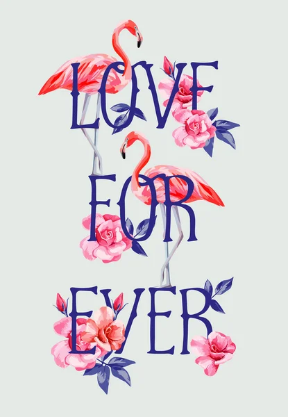 Slogan love forever rose und rosa Flamingos a4 style — Stockvektor