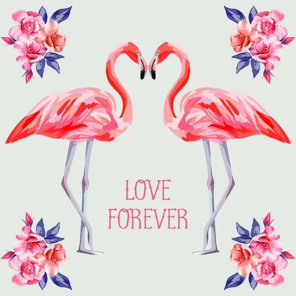 Slogan miłość na zawsze róży i różowe flamingi — Wektor stockowy