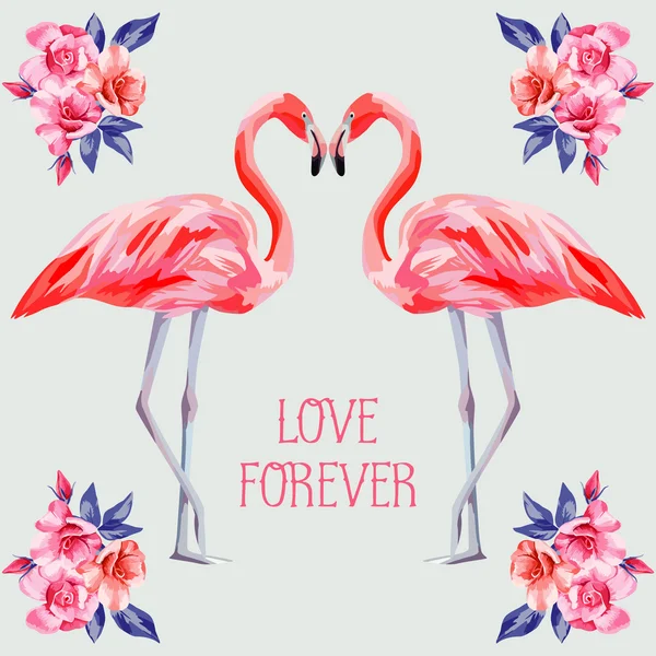 Slogan Love forever rose und rosa Flamingos — Stockvektor