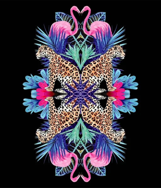 Leopar, flamingo ve tropik bitkiler trendy ayna yazdırma