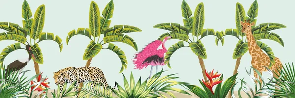 Illustratie Van Verschillende Jungle Dieren Tropische Achtergrond — Stockvector