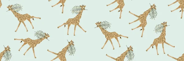 Mooi Tropisch Vintage Naadloos Patroon Met Palmbladeren Mond Giraffe Grappige Vectorbeelden
