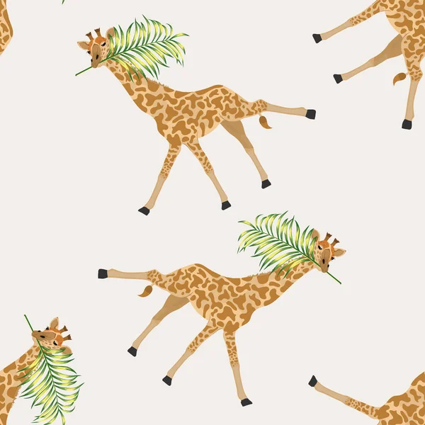Mooi Tropisch Vintage Naadloos Patroon Met Palmbladeren Mond Giraffe Grappige Rechtenvrije Stockillustraties
