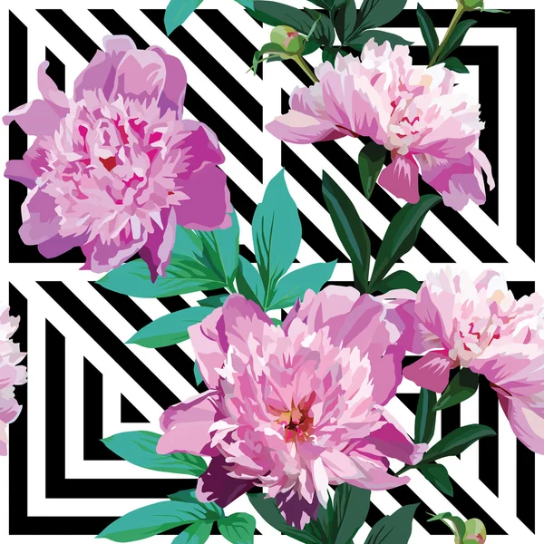 Rosa Pfingstrose florales Muster, geometrischer schwarzer und weißer Hintergrund — Stockvektor