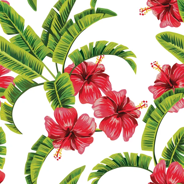 Plátano y hibisco fondo tropical sin costuras — Vector de stock