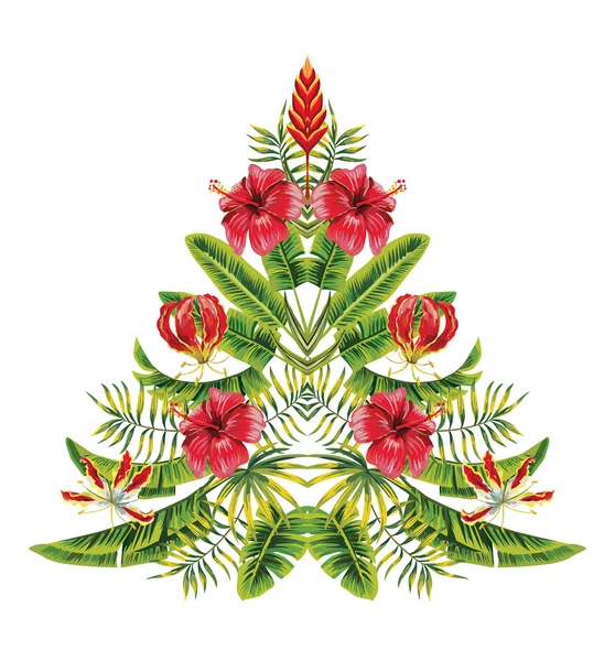 Karácsonyfa egzotikus trópusi virágok és Pálma levelek — Stock Vector