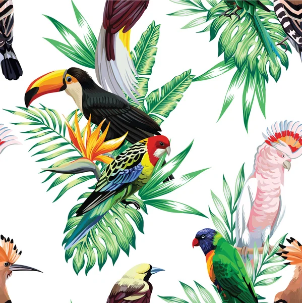 Aves tropicales y hojas de palma fondo sin costuras — Vector de stock