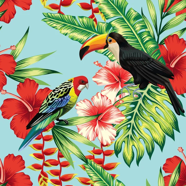 Aves tropicales y flores fondo sin costuras — Vector de stock