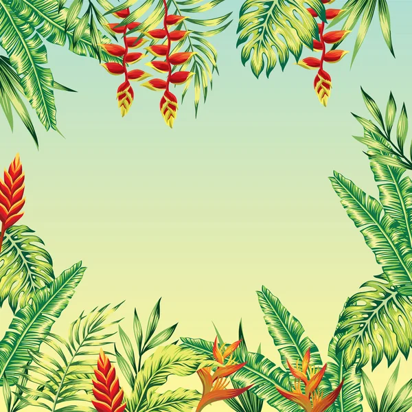 熱帯背景、エキゾチックな花やヤシの葉. — ストックベクタ