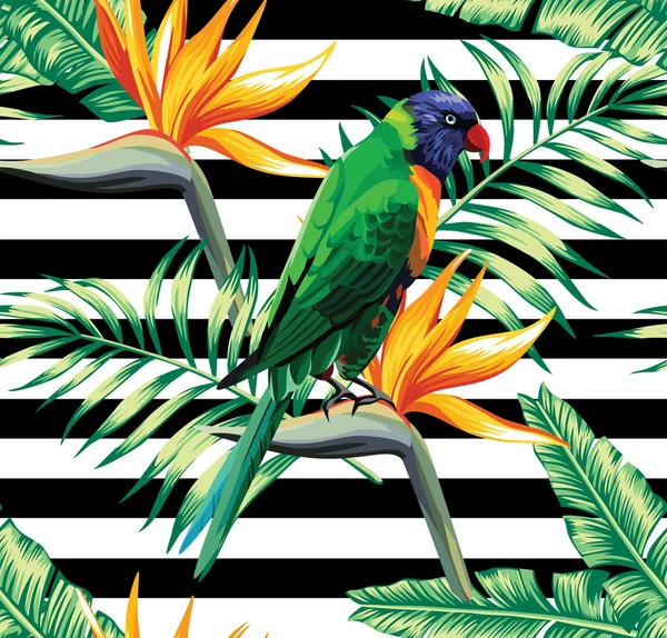 Nature, motif, fond, été, fleur, vacances, floral, exotique, fond d'écran, plante, feuille, mode, plage, animal, palmier, oiseau, peinture, sans couture, tropique, rayures, banane, perroquet, jungle, hawaï — Image vectorielle