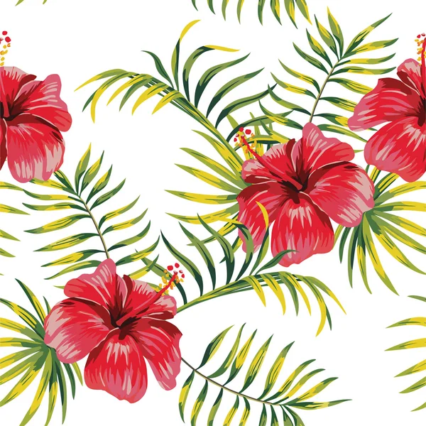 Hibiscus en palm bladeren schilderen tropische bloemmotief — Stockvector