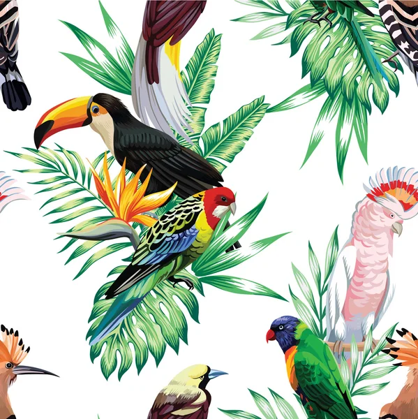 Tropical birds and palm leaves seamless background — Stock Illustration Tropical birds and palm leaves seamless background Vector Graphics