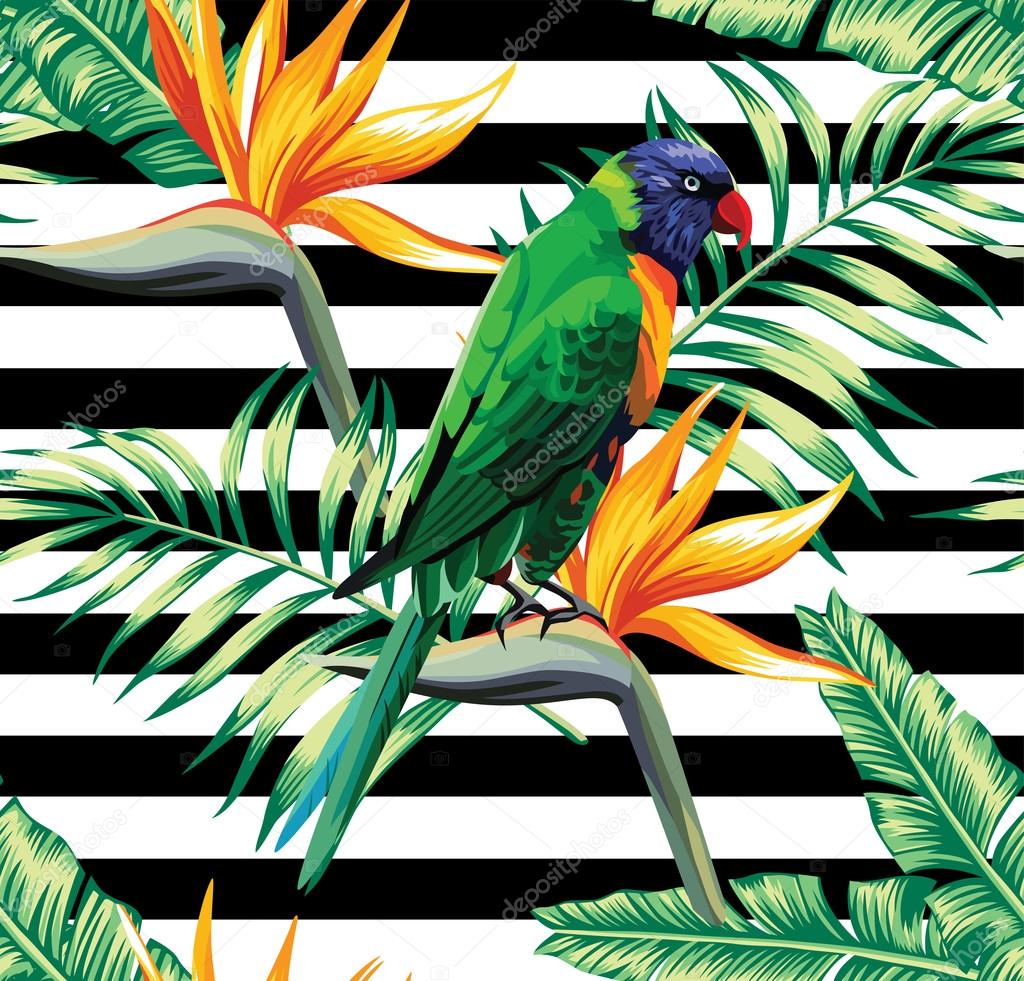 nature, pattern, background, summer, flower, vacation, floral, exotic, wallpaper, plant, leaf, fashion, beach, animal, palm, bird, painting, seamless, tropic, stripes, banana, parrot, jungle, hawaii