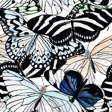 butterflies black and white watercolor seamless background clipart