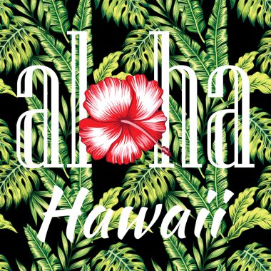 Aloha Hawaii tropik illüstrasyon, sorunsuz arka plan palmiye yaprakları