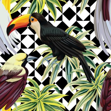 tropical birds and plants pattern, geometric background