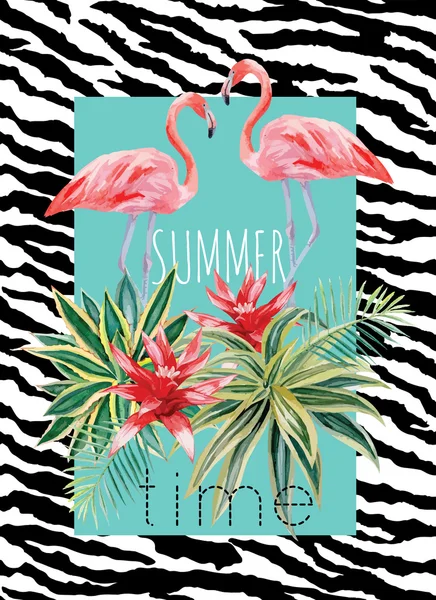 Flamingo and tropical plants watercolor summer illustration — Stock Vector