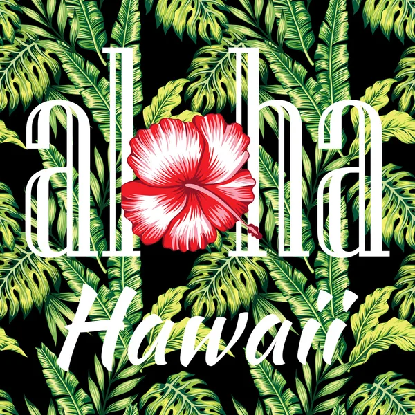 Aloha Hawai ilustración tropical, hojas de palma fondo sin costuras — Vector de stock