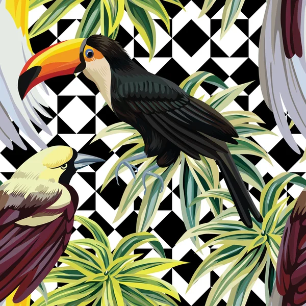 Patrón de aves y plantas tropicales, fondo geométrico — Vector de stock