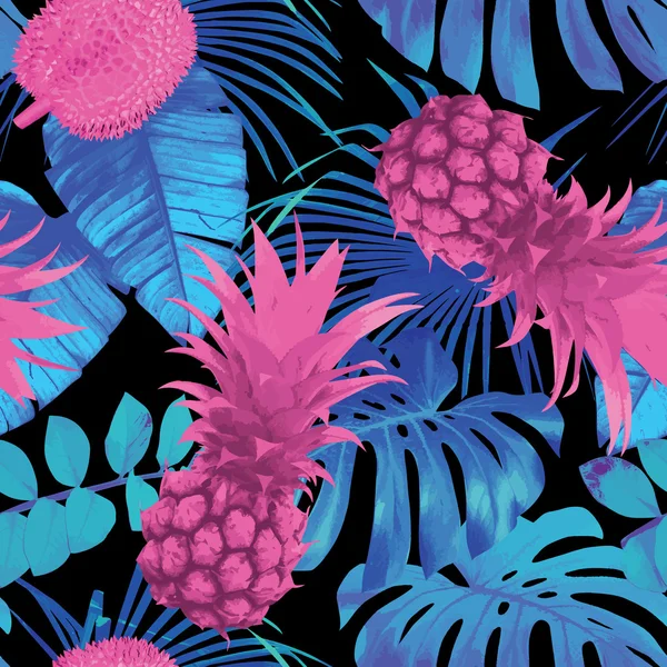 Frutas tropicales y hojas de palma fondo sin costuras — Vector de stock