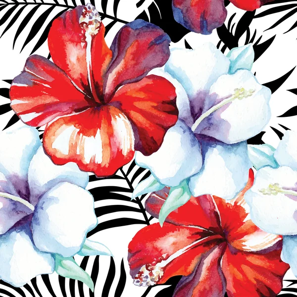 Hibiscus motif aquarelle, fond de feuilles tropicales noir et blanc — Image vectorielle