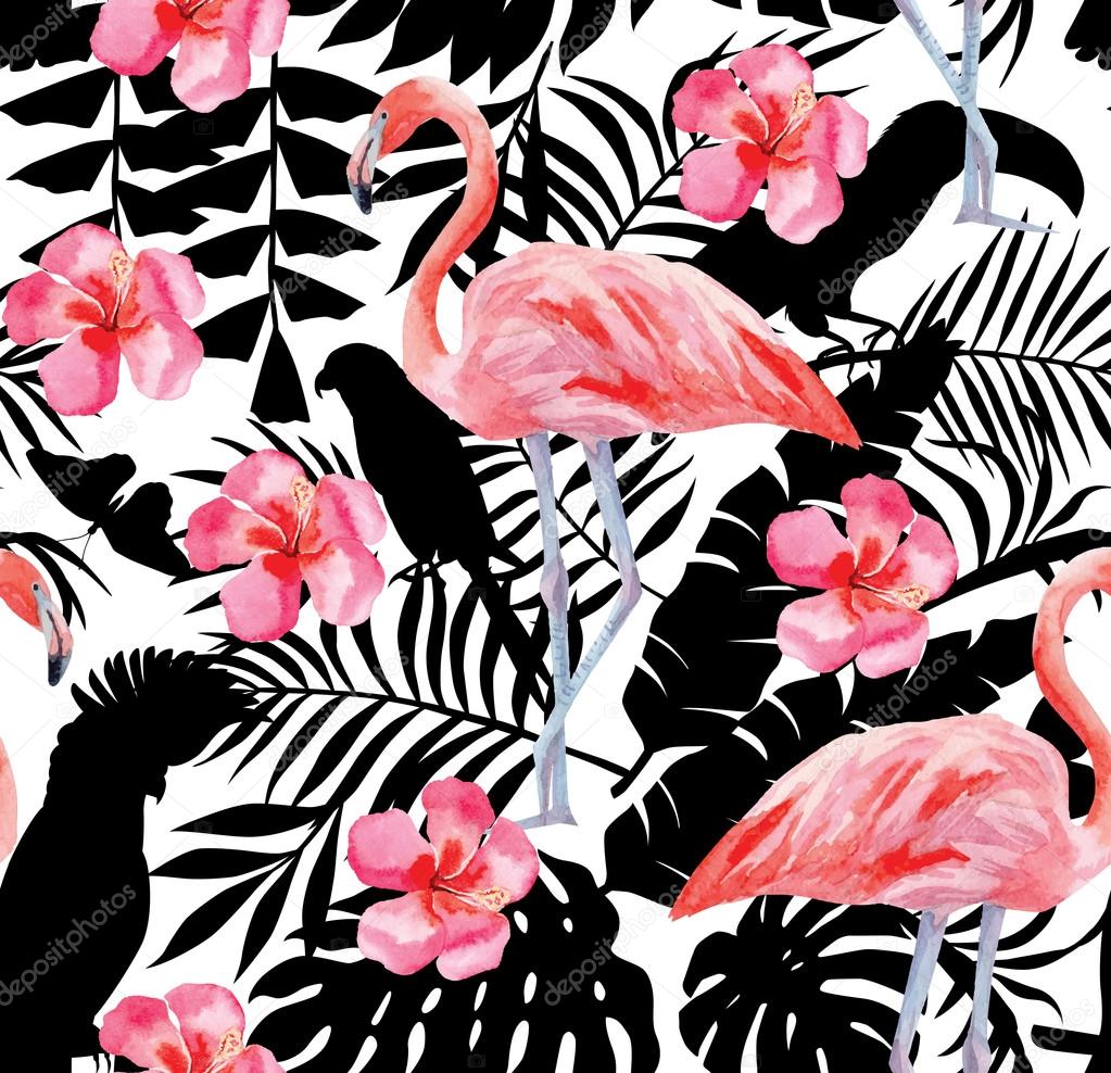 flamingo and hibiscus watercolor pattern, parrots and tropical plants silhouette background