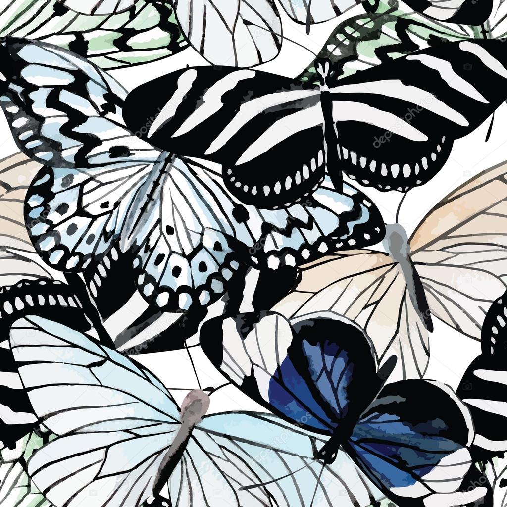 butterflies black and white watercolor seamless background
