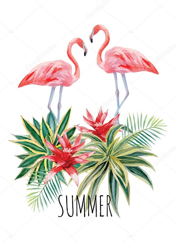 flamingo and tropical plants watercolor summer illustration