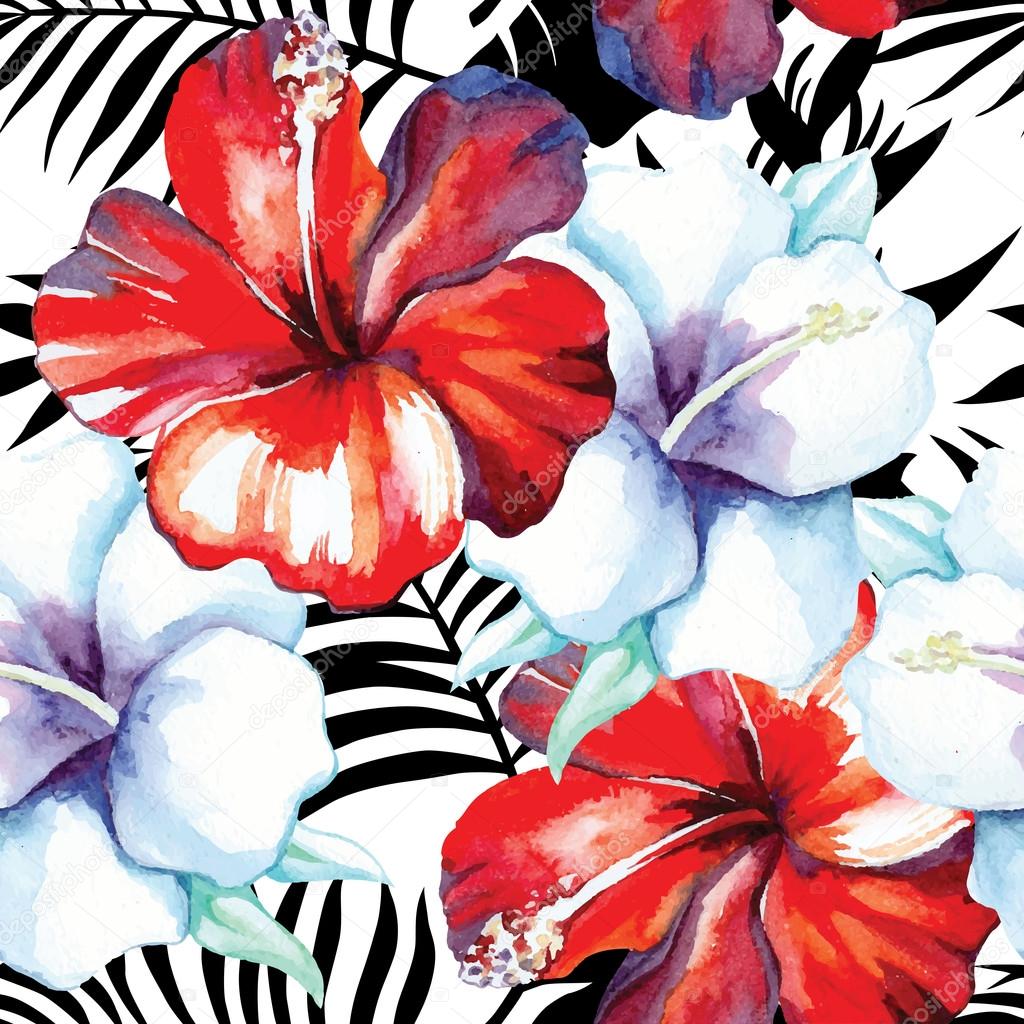 hibiscus watercolor pattern, black and white tropical leaves background